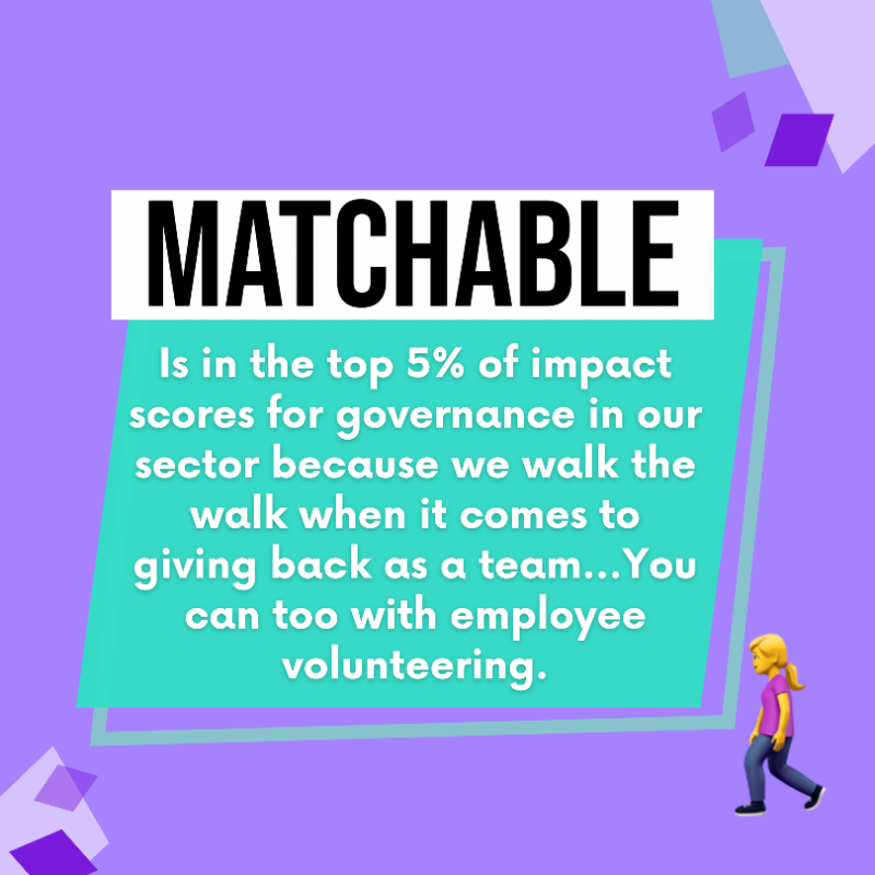 wearematchable's tweet photo. 🤔 What’s an easy way to add up to 9 points to your Impact score this #bcorpmonth?

💡Giving your team the chance to give back with #corporatevolunteering!  

There’s a reason why we have a higher impact score than CSR heavyweights Patagonia and Ben &amp; Jerry’s 💥 #WeGoBeyond