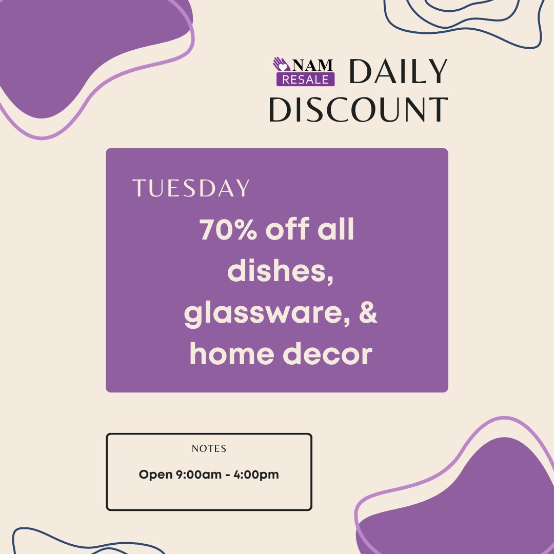 It's Taco Tuesday! Unfortunately, NAM Resale doesn't offer tacos, BUT we do offer 70% off ALL dishes, glassware, and home decor! 
Stop by the store today from 9:00am - 4:00pm to take advantage.
#resale #namresale #namhelps #DISCOUNT #neighborshelpingneighbors
