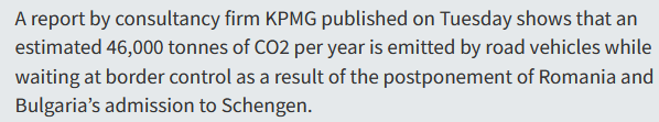 This study is very concerning. The postponement of Romania's &amp; Bulgaria's membership in #Schengen has dire consequences on #CO2emissions. Tomorrow I will attend <a href="/EP_Petitions/">PETI Committee Press</a> to further Romania's membership. g4media.ro/46000-tonnes-o… <a href="/partidulACUM/">Partidul ACUM</a>