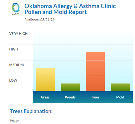 okallergyasthma's tweet photo. Oh totally not fun. EVERYTHING is pollinating. #highpecantreepollen #moderategrass #lowweed #lowmold #okallergyreport https://t.co/wOWPGE3kTB