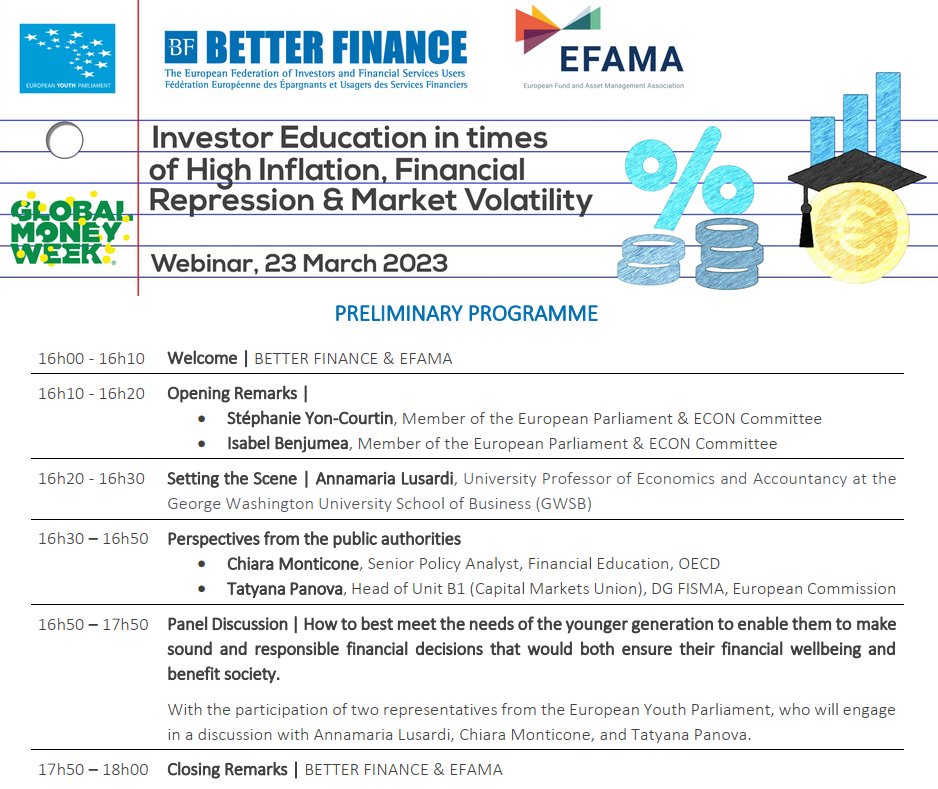 Don't miss the <a href="/GlobalMoneyWeek/">Global Money Week</a> webinar on investor education co-organised by <a href="/EFAMANews/">EFAMA</a>, BETTER FINANCE, and <a href="/EuropeanYouthEU/">European Youth ❤️🇪🇺</a>. Learn how to benefit from capital markets and support sustainability!

📅 March 23 - 16h00 CET

👉Register here: bit.ly/3ySv9w2