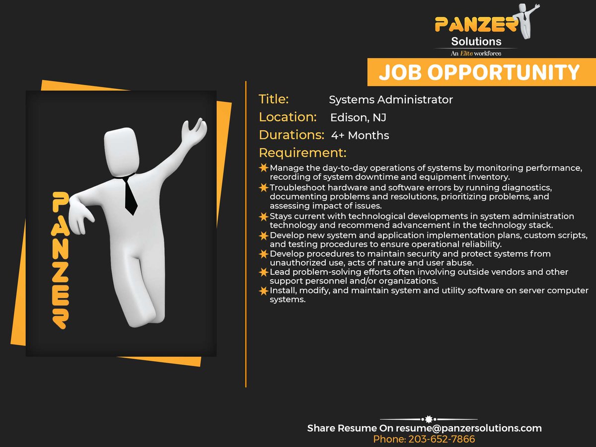 Job Title: Systems Administrator
Location: Edison, NJ
Duration: 4+ Months
Share resumes at resume@panzersolutions.com
Or for more job requirements, click on the below link
Click Here: panzersolutions.com/jobopportunuti…
#PanzerSolutions #systemsadministrator #jobs  #edison #newjersey