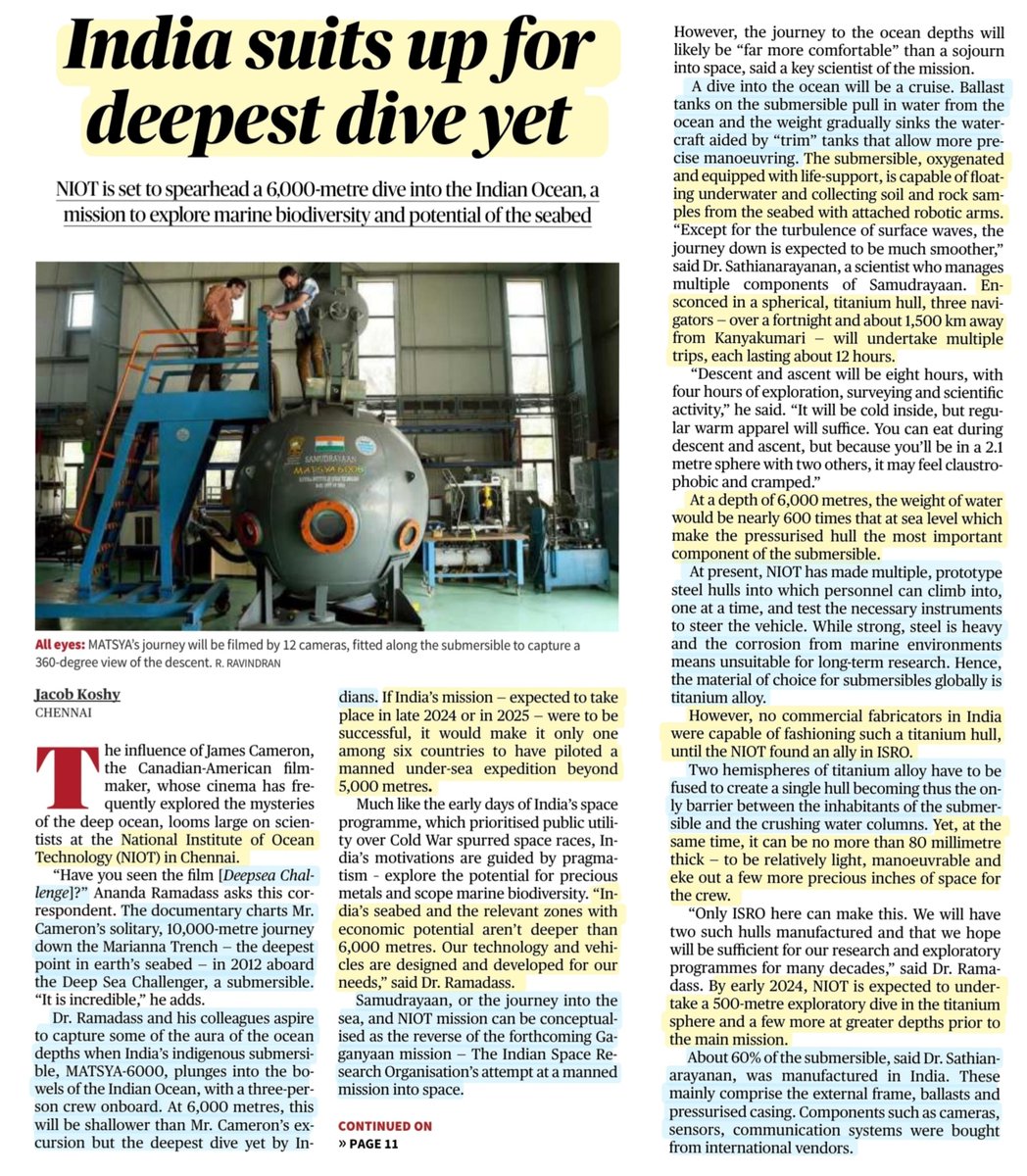 'India Suits up for Deepest dive yet'

#Matsya600  -Mission to explore #Marine #biodiversity & potential of #Seabed
:Details

#Samudrayan #underwatersubmersible  #TitaniumAlloy @isro
#NIOT #DeepseaChallenge #MarianaTrench 
#Science 

#UPSC #UPSC2023 #upscprelims 

Source: TH