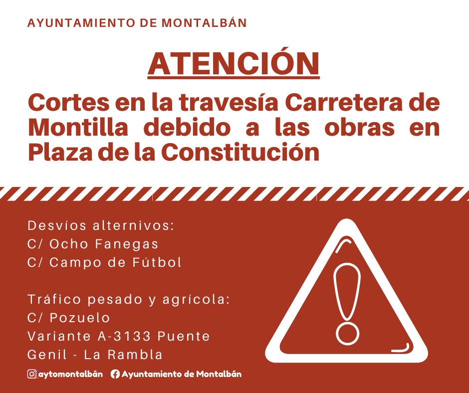 🏗CORTES DE TRÁFICO DEBIDO A LAS OBRAS | La travesía de la Carretera Montilla hacia Llano del Calvario está siendo cortada por las obras que afectan a la Plaza de la Constitución.

Dejamos alternativas disponibles para el tráfico habitual y vehículos pesados/maquinaria agrícola.