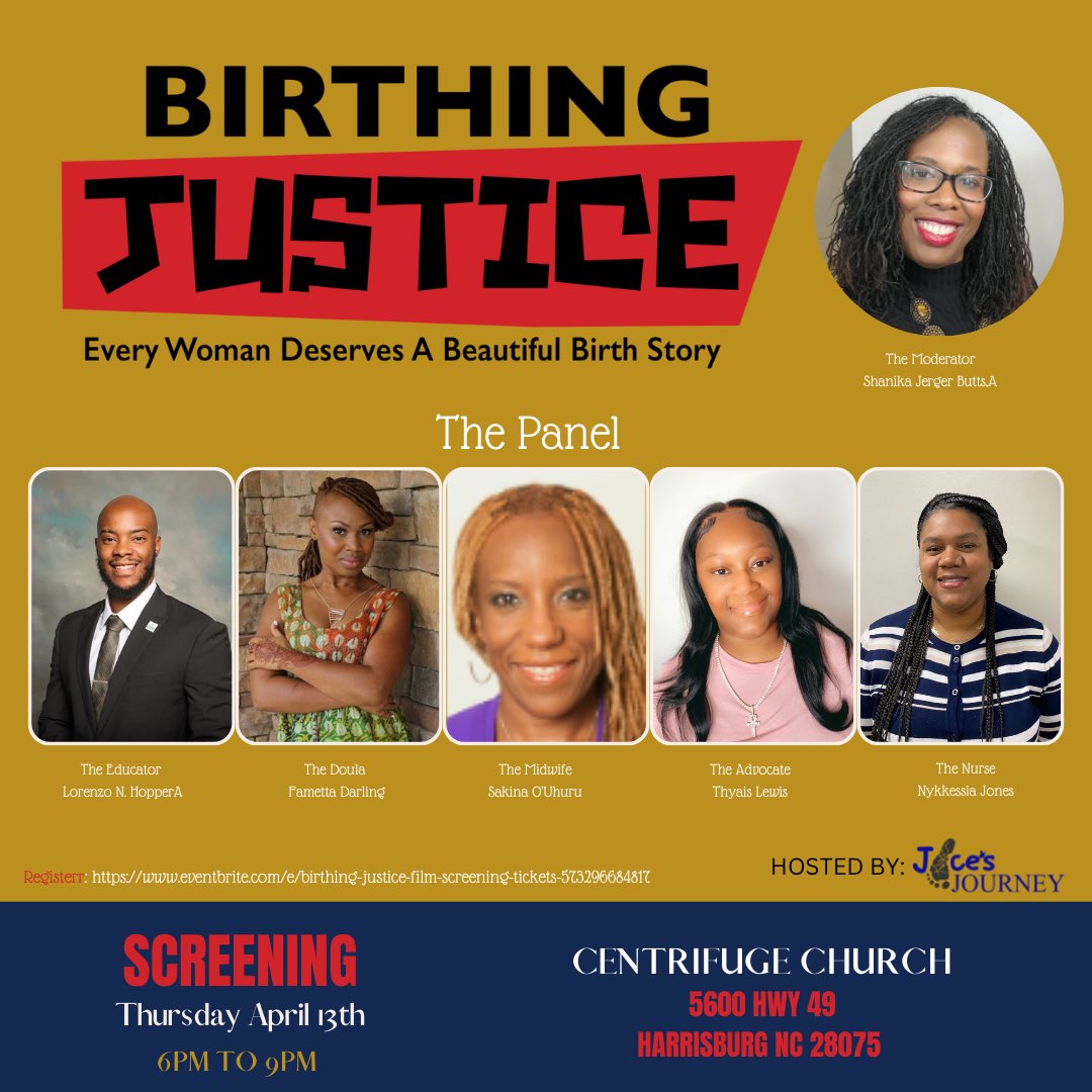 Join the movement to improve the health outcomes for Black mothers by attending the screening of BIRTHING JUSTICE. Let’s birth justice and joy! Register at eventbrite.com/e/birthing-jus… #birthingjusticefilm #StandwithBlackMamas 
www.birthingjustice.com@jacesjourneyinc