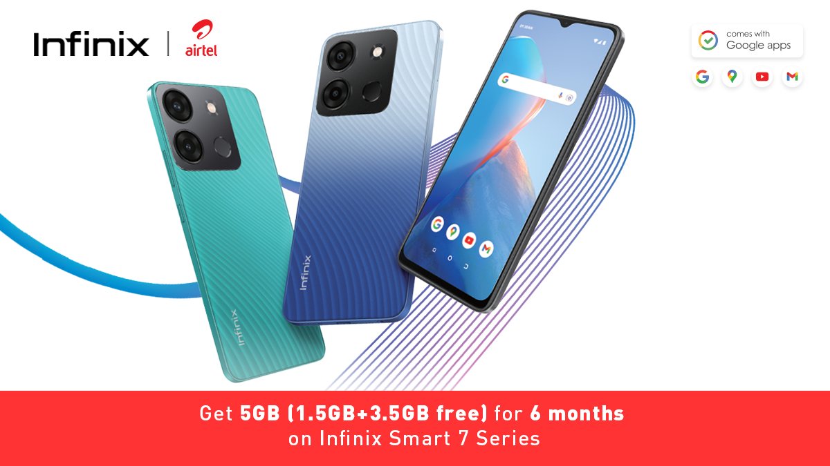 InfinixNigeria's tweet photo. Experience it all on the new #InfinixSmart7 with mouthwatering goodies from @AirtelNigeria 

Get 5GB (1.5GB+3GB) for NGN1000 for 6 months when you activate any of the Infinix Smart 7 series devices.

Order yours today!!
 
#SmartAndSmoothExperience https://t.co/C1yKP5yHLm