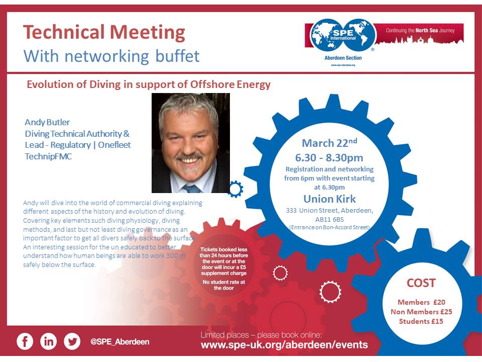 Last chance to book tickets for our Evening Technical Meeting tomorrow Wednesday March 22nd by Andy Butler of TechnipFMC on the subject of 'The Evolution of Diving in Support of Offshore Energy'.
Book here lnkd.in/eMhVijwj