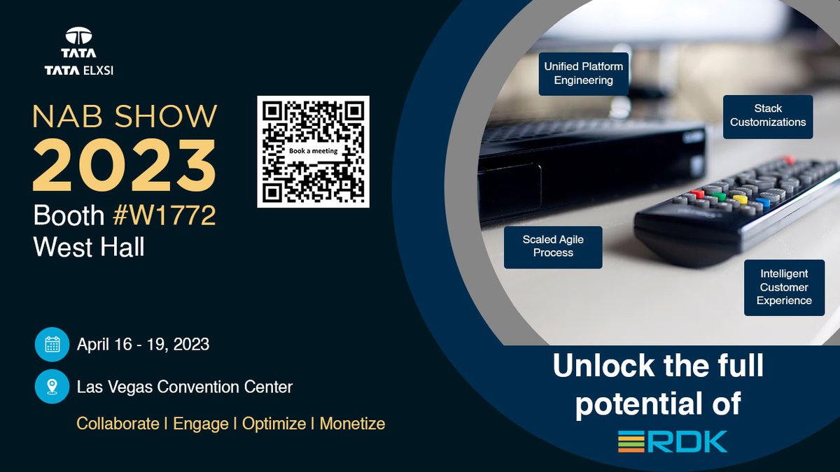 tataelxsi's tweet photo. Tata Elxsi, an #RTAB (RDK Technology Advisory Board) member, has been an active member of the RDK community since its inception in 2012. We showcase our solution at the NAB show, Las Vegas 2023. Join us and meet with our experts - https://t.co/5EH4SlGliN
#RDK #nabshow #MSOs https://t.co/XW1P0XSTG5