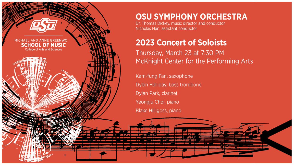 Tickets are available for the 2023 Concert of Soloists!  This concert features the five winners of the
university's concerto competition performing live with
the orchestra! Visit mcknightcenter.org to get your tickets today!
#OKStateMusic