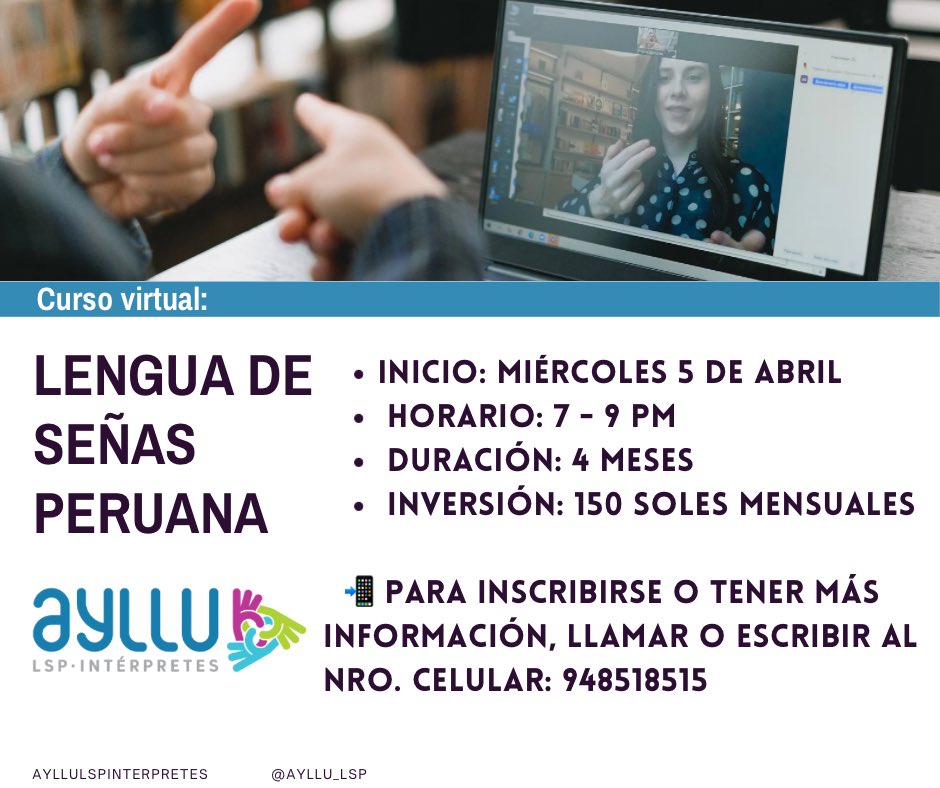 AYLLU_LSP's tweet photo. Para inscripciones o tener más información, llamar o escribir al Cel: 948518515 🙌🏽 https://t.co/aIlzl8wn93