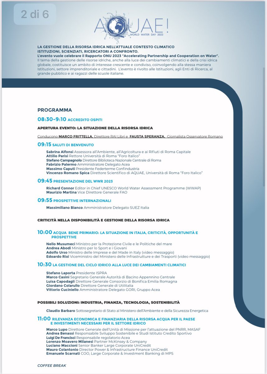 federterme's tweet photo. Domani 22 marzo in occasione della Giornata Mondiale dell'Acqua,si svolgerà a #Roma "Aquae! World Water Day 2023”.Parteciperà anche Federterme con il Presidente Massimo Caputi. Il focus sarà sulla gestione della risorsa idrica #WorldWaterDay https://t.co/rcENVjXPnQ