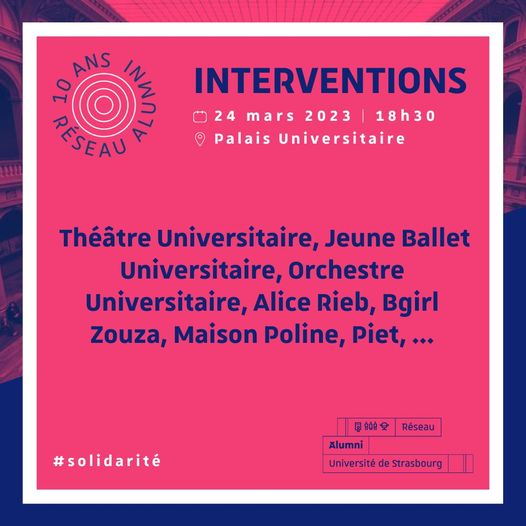 OUStrasbourg's tweet photo. [EVENEMENT]

Ce vendredi 24 mars à 18h30, nous célébrerons les 10 ans du Réseau Alumni au Palais Universitaire en collaboration avec le Jeune Ballet Universitaire de Strasbourg ! 🥳

➡️Pour plus d'informations : https://t.co/N9ZH2JrwbK https://t.co/KsH91wzWwv