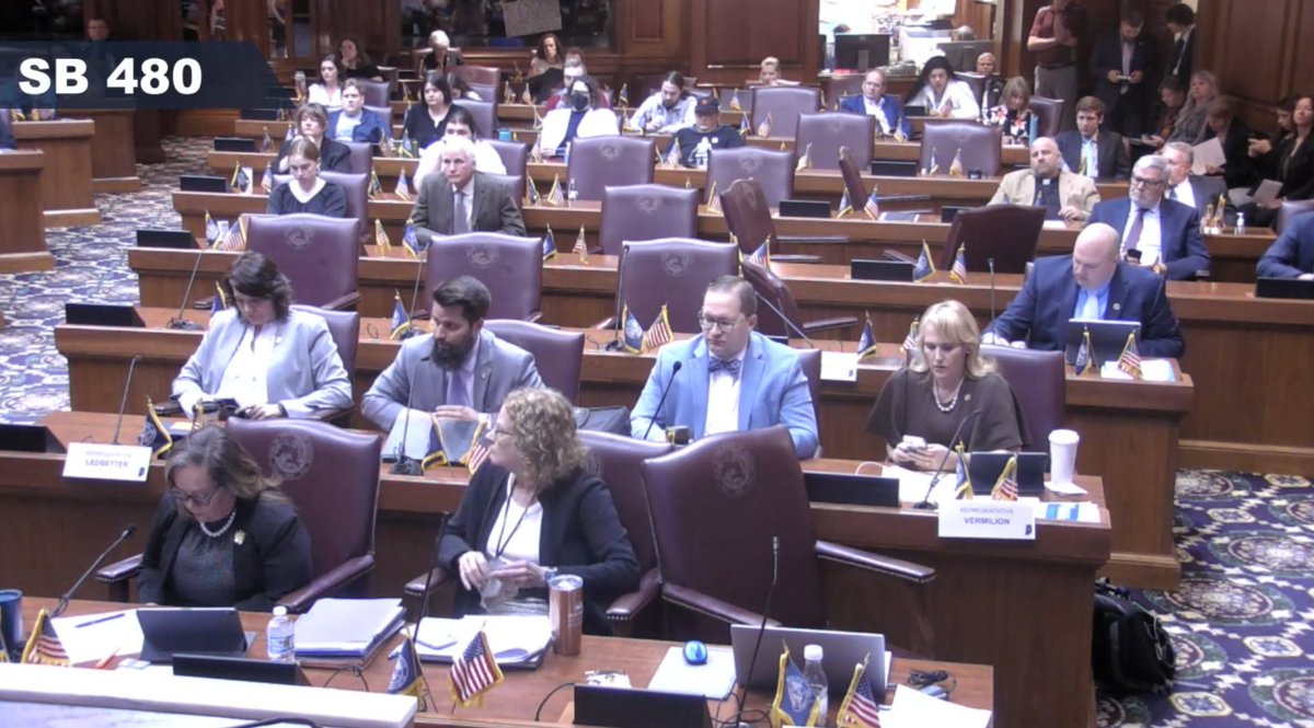 ErinInTheMorn's tweet photo. Happening now. Indiana SB480, a bill banning gender affirming care for trans youth, is being heard.

You can see signs through the windows in the background, people yelling.

They tried to schedule this bill with 24 hours notice.

Follow with me. 🧵 https://t.co/5MjtsPLhyH