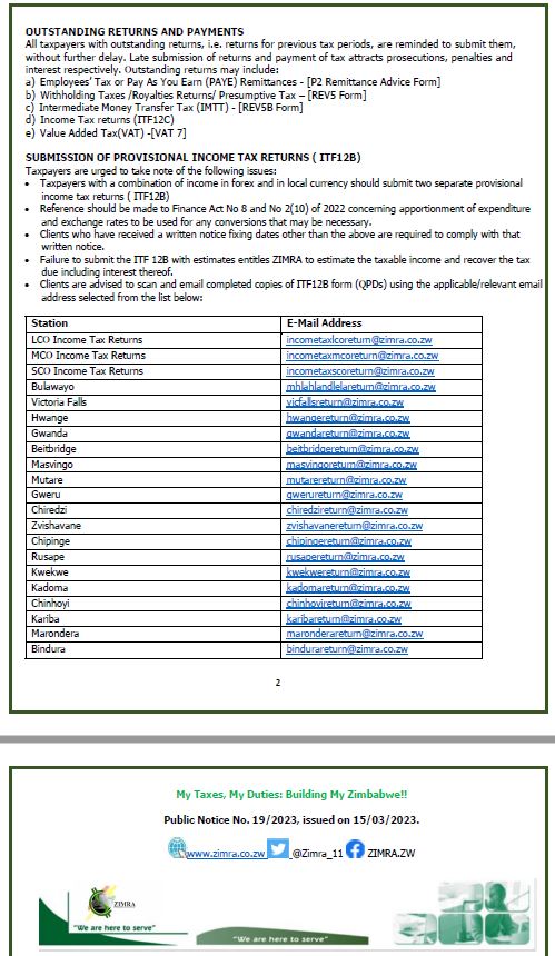 Zimra_11's tweet photo. Public Notice 19 of 2023 First Quarter Provisional Income Tax Payment due 25 March 2023
https://t.co/kZpYy8jR8b https://t.co/hi40z3clUH