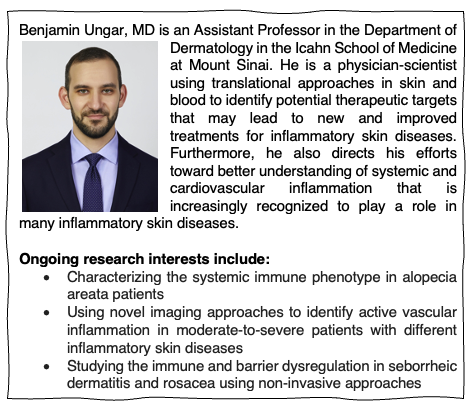 SBDRCatMtSinai's tweet image. Our March #FacultyHighlight is Dr. Benjamin Ungar who is an Assistant Professor in @MSHSDerm and is an internal member of @SBDRCatMtSinai.