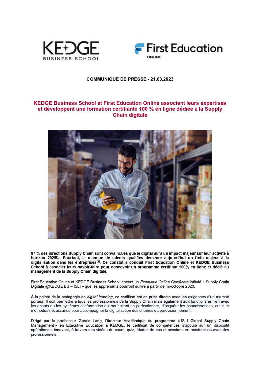 KedgeBS's tweet photo. #CommuniquéDePresse 📰 | KEDGE Business School et First Education Online associent leurs expertises et développent une formation certifiante ✅ 100 % en ligne dédiée à la Supply Chain digitale.
Plus d'infos : https://t.co/Ho0bRVFVMY #ISLIPower #SupplyChain https://t.co/p9xW9P2FBC