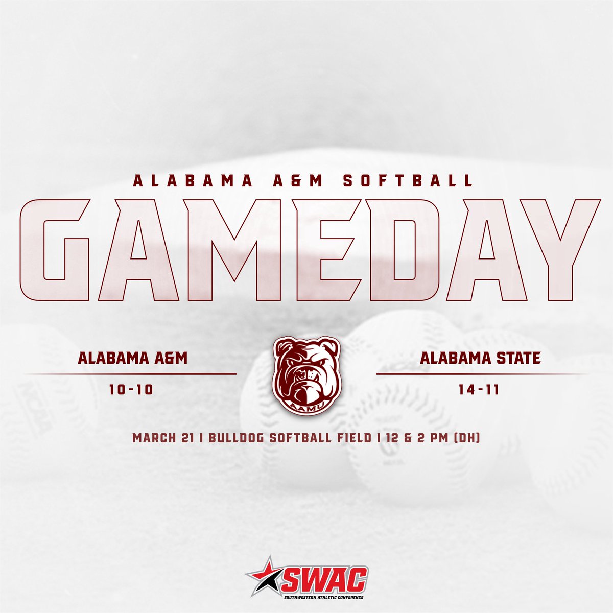 aamusoftball's tweet photo. Alabama A&amp;M will continue their home rivalry series today against the Hornets with a doubleheader starting at 12❗

🆚 Alabama State
📍 Huntsville, Ala.
🏟 Bulldog Field
⏰ 12:00 &amp; 2 p.m. (DH)

#aamusoftball l #GoBulldogs https://t.co/GGaRsu3seJ