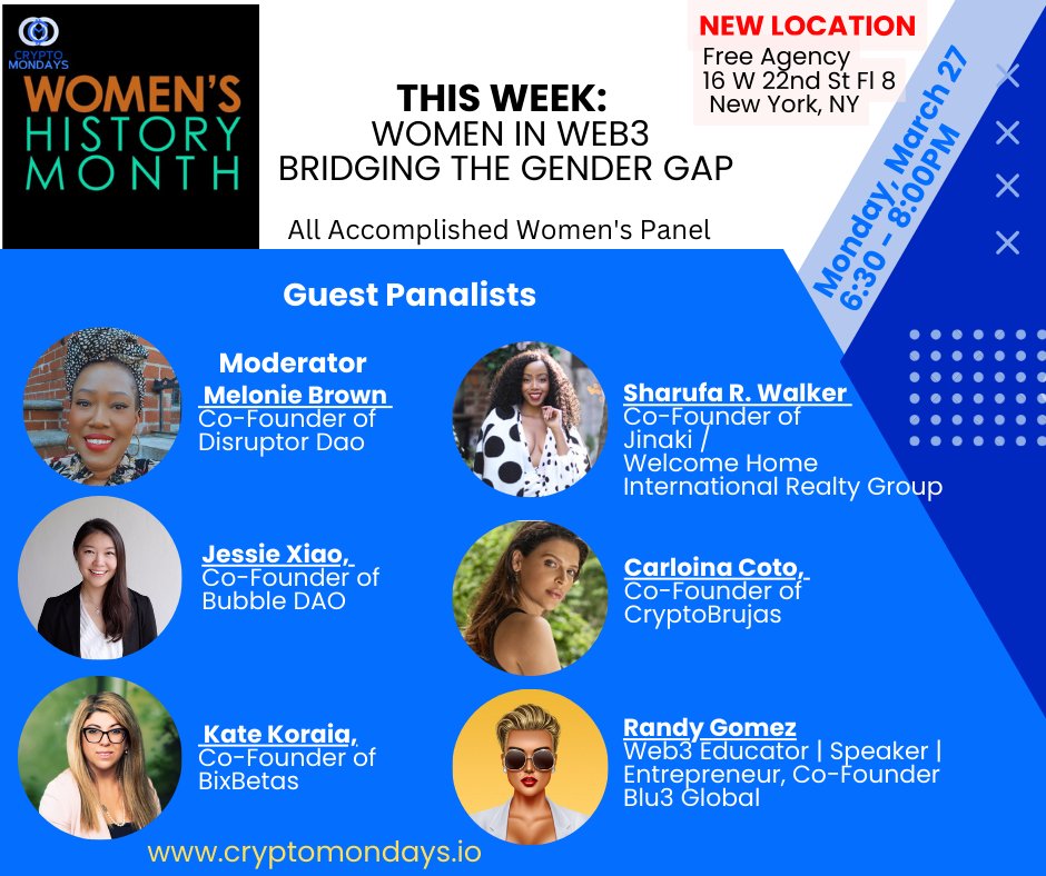 How's it going everyone! 😀

In honor of Women's History Month, one of our co-founders, Jessie, will be joining other accomplished women in Web3 speak at <a href="/CryptoMondaysNY/">CryptoMondays NYC</a>'s panel next Monday 3/27 at Free Agency!