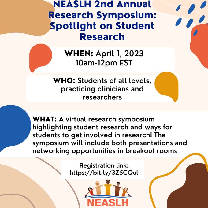 lmsbaron's tweet photo. Don't forget to register for the NEASLH Research Symposium on Zoom. We're the "Northeast" affiliate of @NBASLH but all are welcome to attend. There will be a panel, breakout rooms, and something for all levels of #SLPeeps and #Audiology https://t.co/f1aSHAZDpC