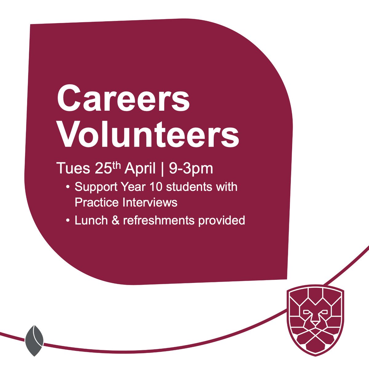 H_G_H_S's tweet photo. 📢 | Volunteers needed

We're looking for volunteers to support our Careers events!
 
Our next big event is a Practice Interview Day
🗓️ Tues 25th April
🕰️ 9-3pm (can be flexible)
🔎 Interview students
🥤Lunch &amp; refreshments

Interested? Contact:
📧 enquiries@hazelgroveghigh.co.uk https://t.co/iGnxQqEWTG