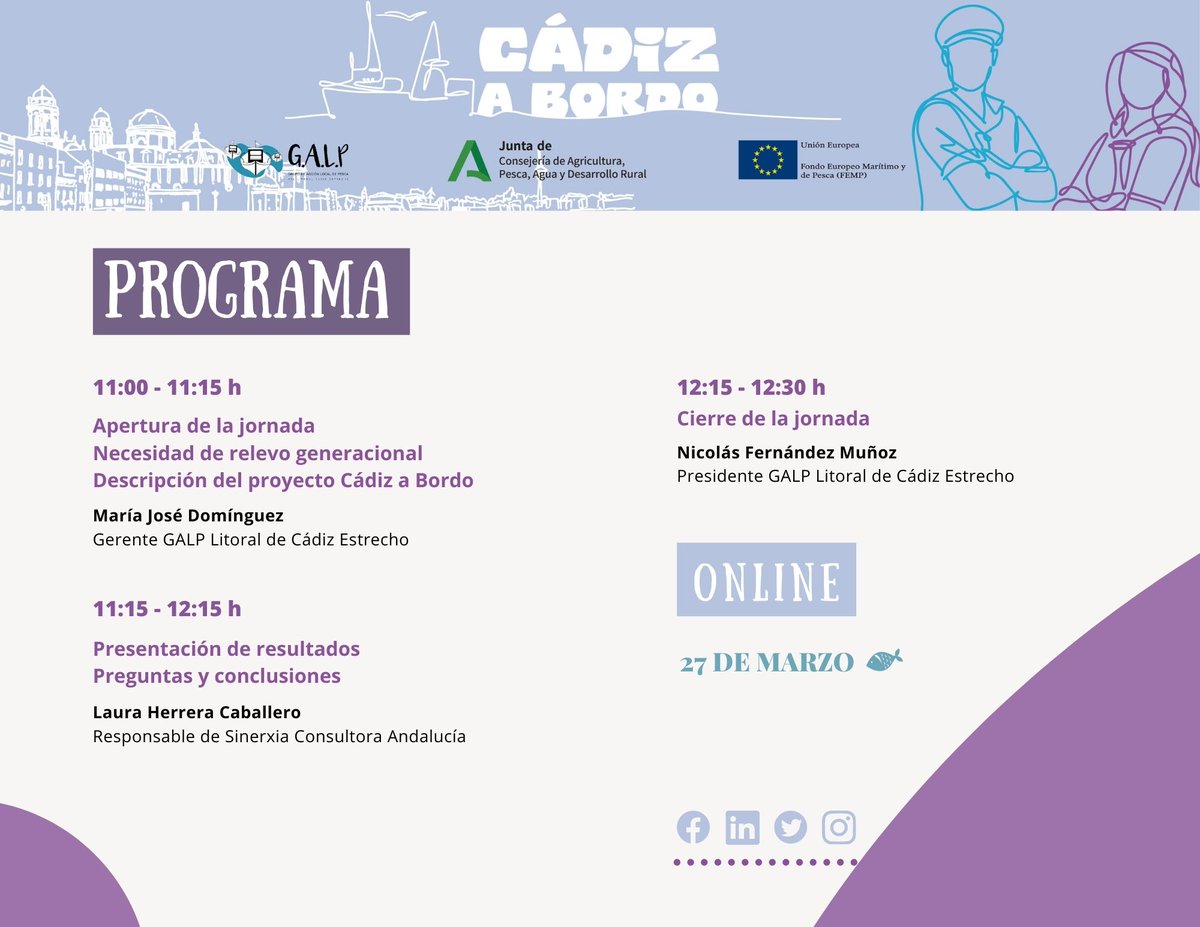 📣 Ya tenemos el programa definitivo de la #jornadafinal, ¿nos acompañas el próximo lunes? 👏🏻

⏰ 11:00 a 12:30 horas
💻 Modalidad online
👉🏻 cutt.ly/d4viIaV

#cadizabordo #pesca #relevogeneracional