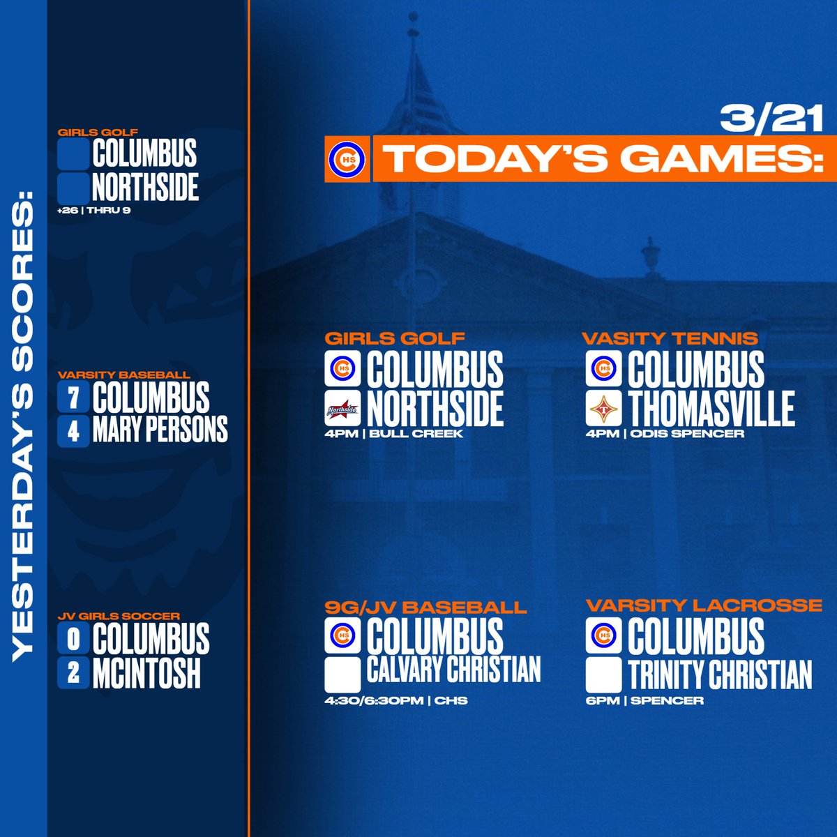 3/21 | Take a look at today's games and yesterday's scores. Go Blue Devils! #WeAreColumbusHS #BlueHell
