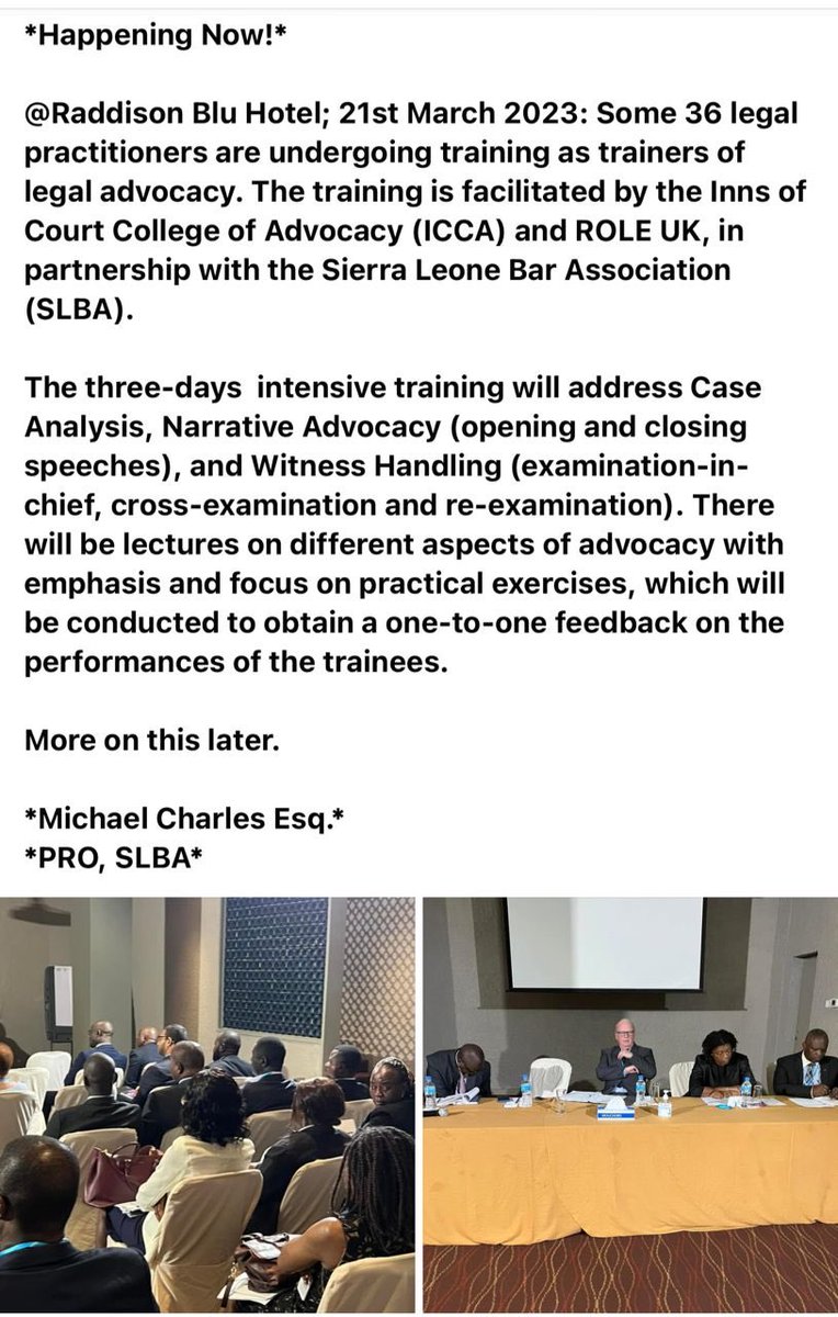 Michael85060673's tweet photo. Sierra Leone Bar Association (SLBA) -Training of Advocacy Trainers in collaboration with the Inns of Court College of Advocacy UK (ICCA), Role UK, UK Pro Bono Network, UK-aid, at Radisson Blu Hotel, Aberdeen, Freetown #lawyers #legal training #legal education https://t.co/RuVg9ffgSe