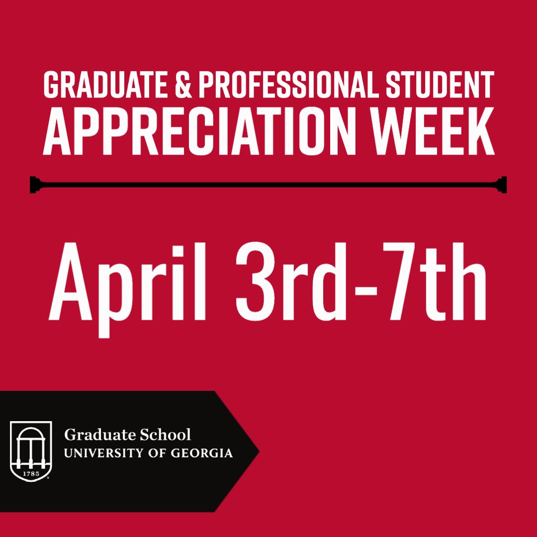 UGAGradSchool's tweet image. Join us for a week filled with free events and activities to celebrate our graduate and professional students. Check our social media for exciting updates! 

grad.uga.edu/graduate-profe…

#Committo #GradDawgs #GradStudies #UGA #UGAgraduateschool #GoDawgs