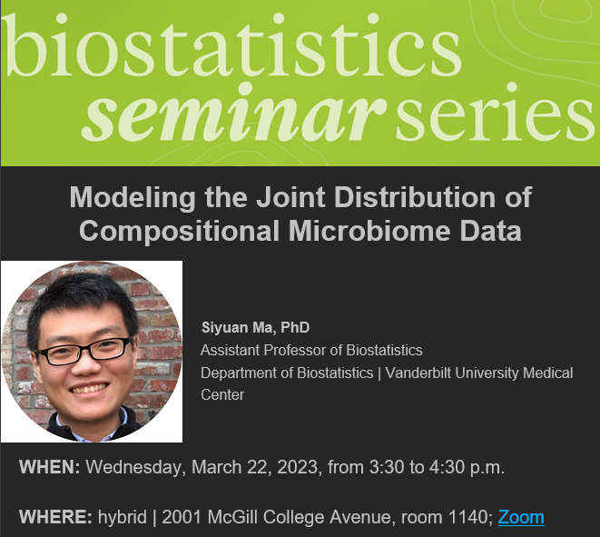Exciting! Dr. Siyuan Ma from Vanderbilt University will share his latest research on "Compositional Microbiome Data" at the EBOH seminar. Learn about SparseDOSSA, a #statistical model that accurately models human-associated #microbiomes.   mcgill.ca/epi-biostat-oc…   #statistics