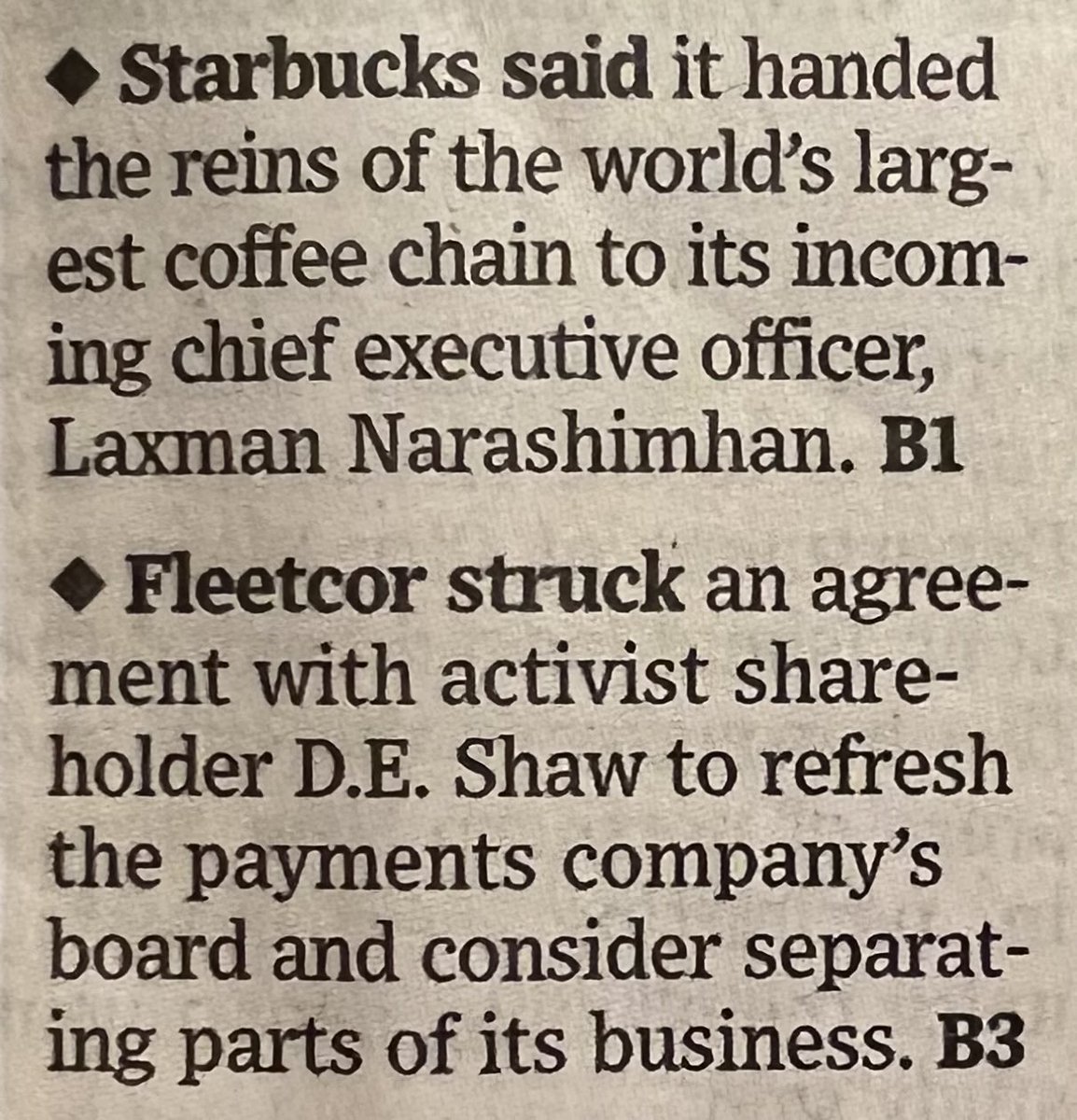 Bryan A. Garner (@bryanagarner) on Twitter photo The <a href="/WSJ/">The Wall Street Journal</a> front-page news capsules are poorly worded today. Note the awkwardness of these two. The first has a cliché plus inelegant variation; the second has a miscue caused partly by using “payments” (as opposed to “payment”) adjectivally. I usually admire this section. The <a href="/WSJ/">The Wall Street Journal</a> front-page news capsules are poorly worded today. Note the awkwardness of these two. The first has a cliché plus inelegant variation; the second has a miscue caused partly by using “payments” (as opposed to “payment”) adjectivally. I usually admire this section.