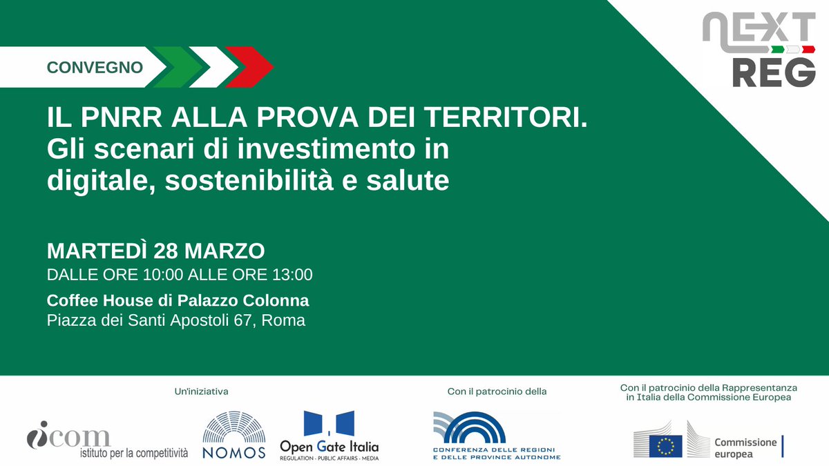 🗓 Martedì 28 marzo a Roma si terrà il convegno “Il #PNRR alla prova dei territori. Gli scenari di investimento in #digitale, #sostenibilità e #salute” nell’ambito dell’iniziativa #NextReg promossa da I-Com, <a href="/NomosCSP/">NOMOS Centro Studi Parlamentari</a> e <a href="/opengateitalia/">Open Gate Italia</a> 

Registrati qui 👉 bit.ly/3yR5x2P