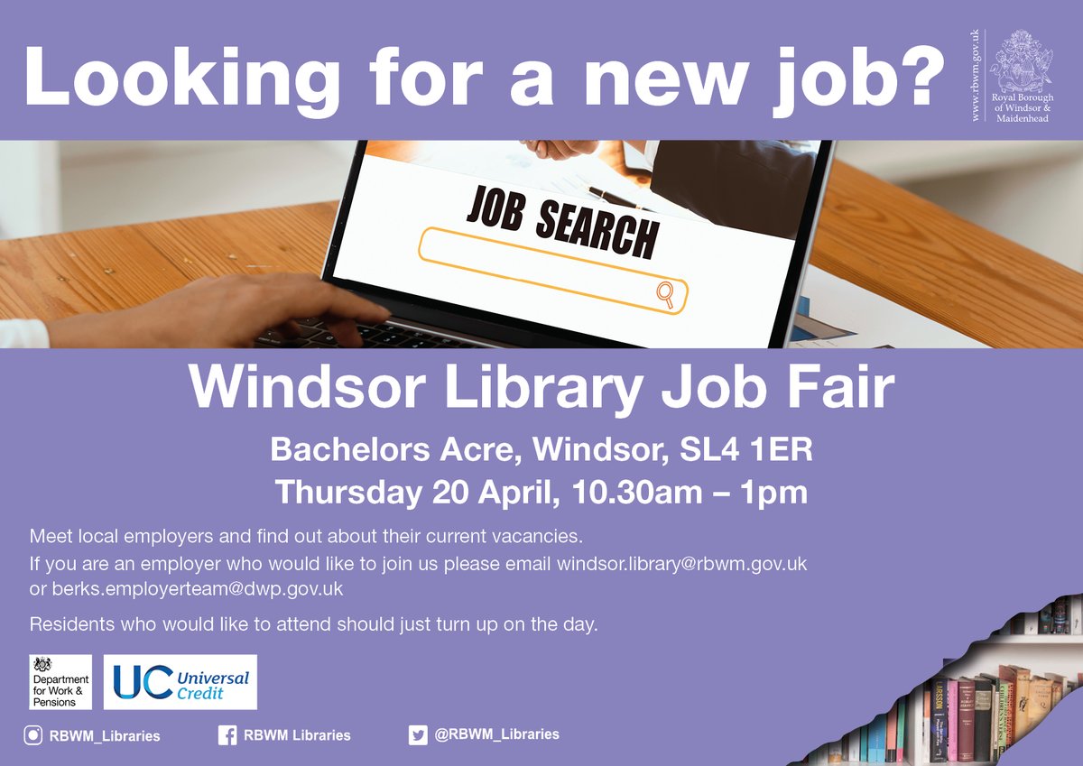 RBWM_Libraries's tweet photo. #Windsorlibrary #jobfair #April #vacancies #localemployers #nowhiring https://t.co/9U8KIdM0Dt