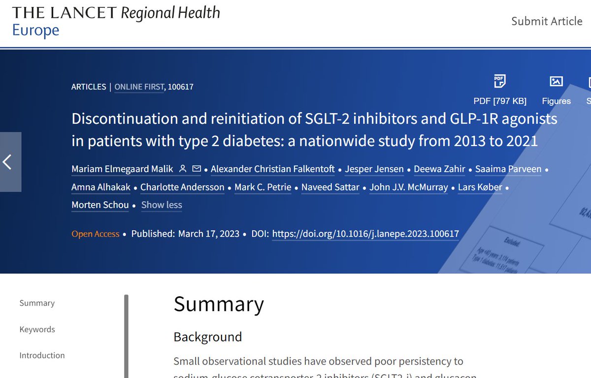 In this <a href="/TheLancet/">The Lancet</a> sdy <a href="/MariamElmegaard/">Mariam Elmegaard</a> et al found that in 77,745 ptts w first time SGLT2-is and 56,037 GLP1-RAs the risk of discontinuing was 56% and 45%, respectively, w a decreased risk over the sdy-period

thelancet.com/journals/lanep…

#Cardiotwitter @cardiology @diabetes