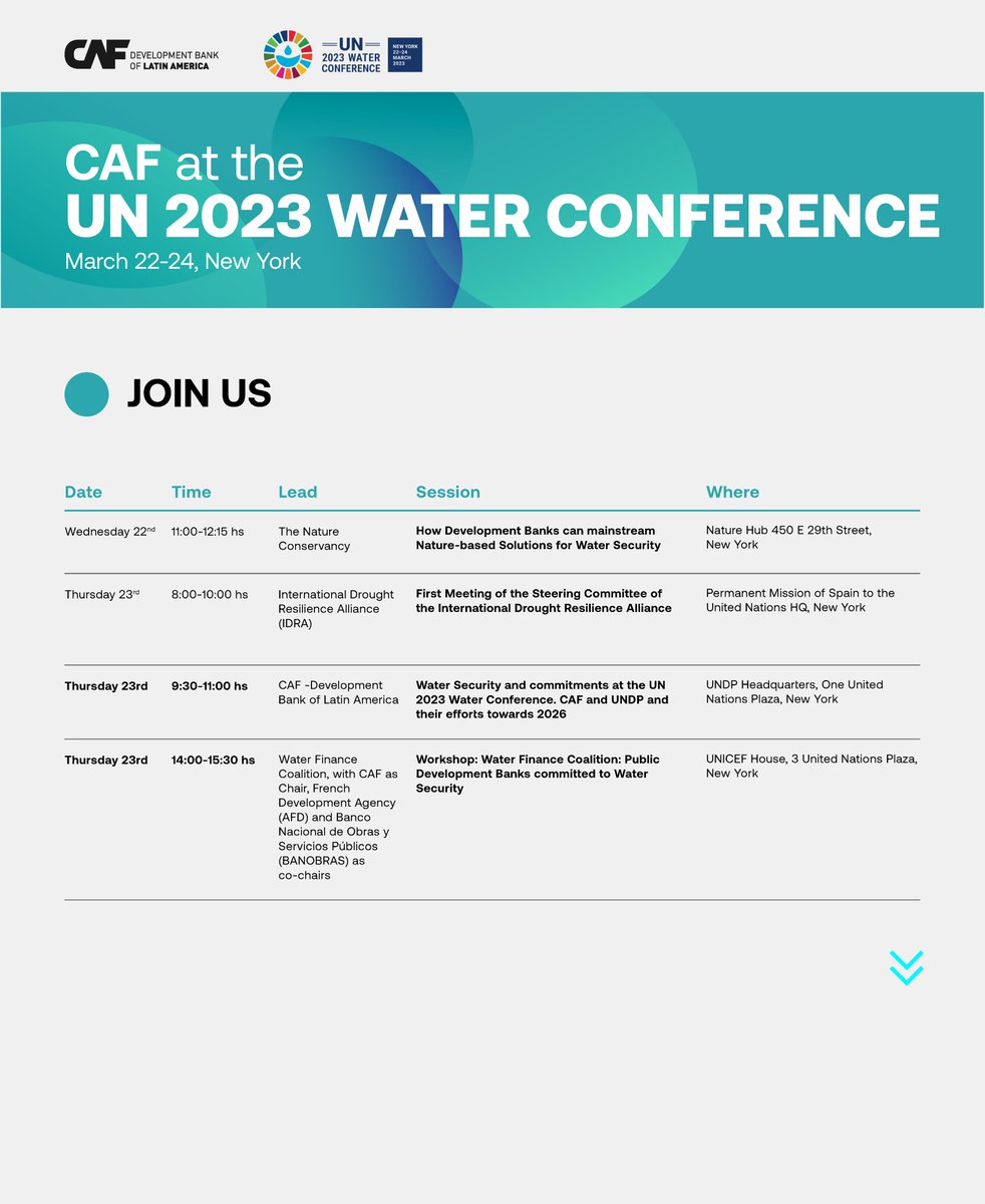 AgendaCAF's tweet photo. 📆💧¡#CAFpresente en la #UN2023WaterConference!
Descubre nuestras actividades en el marco de este importante encuentro que busca impulsar soluciones y generar compromisos en torno al #agua.
https://t.co/MaN8bsUDUf
👇🧵 https://t.co/W7YOzsSsyo