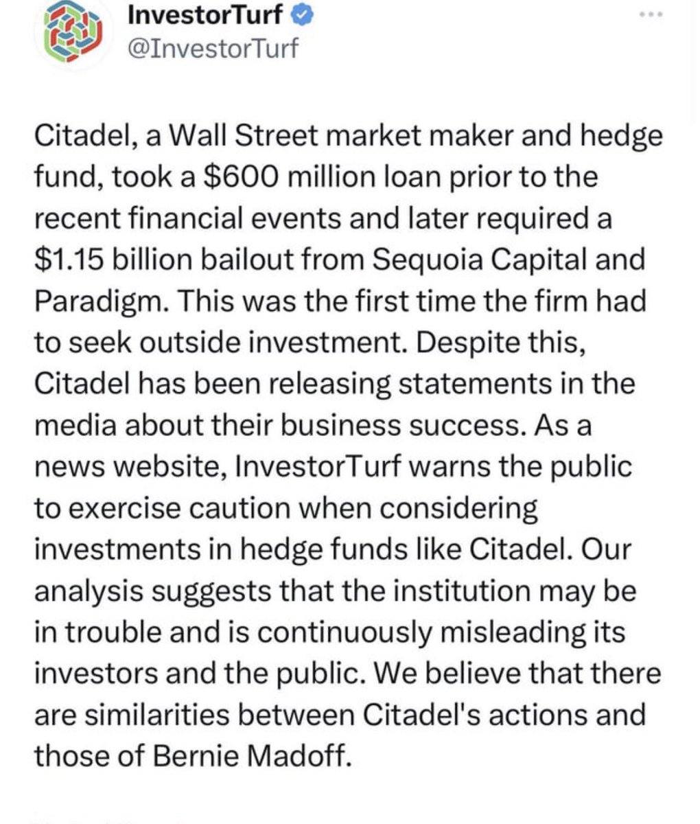 Citadel taking out loans and raising capital while telling <a href="/CNBC/">CNBC</a> that they are the top performing hedge fund of 2022. Madoff from his grave: "Hey I invented that!".