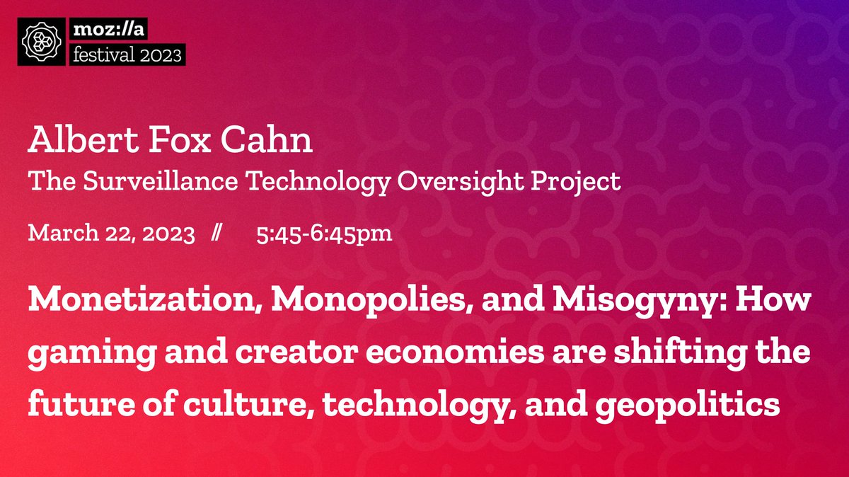 STOPSpyingNY's tweet image. Do you have your ticket to #MozFest yet? S.T.O.P. is hosting our "Monetization, Monopolies, and Misogyny" panel tomorrow from 5:45-6:45pm ET. Register here: mozillafestival.org/en/tickets/