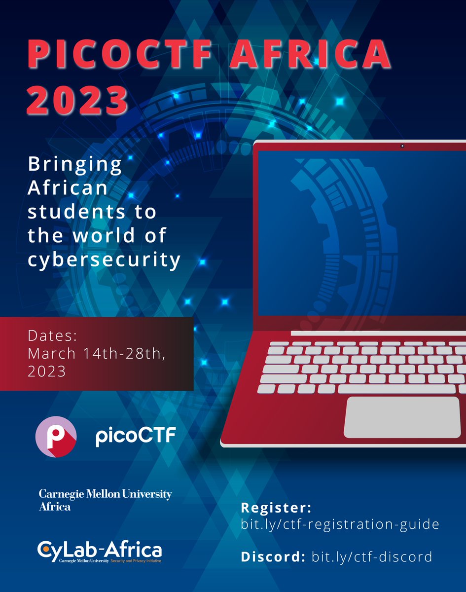 With only six days to the close of the #picoCTFAfrica competition, there is still an opportunity to register and compete alongside fellow enthusiasts for national and continental prizes.  
Link: bit.ly/picoCTFAfrica
#Cybersecurity #CybersecurityAwareness #Collaboration #Africa