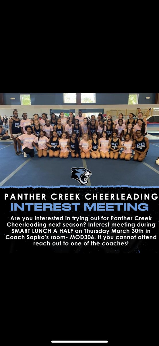 Are you interested in Panther Creek Coed Cheerleading and are a current 9-11th grader!? Join us for the interest meeting next Thursday SMART LUNCH A HALF in Coach Sopko’s room! 💙🖤🤍