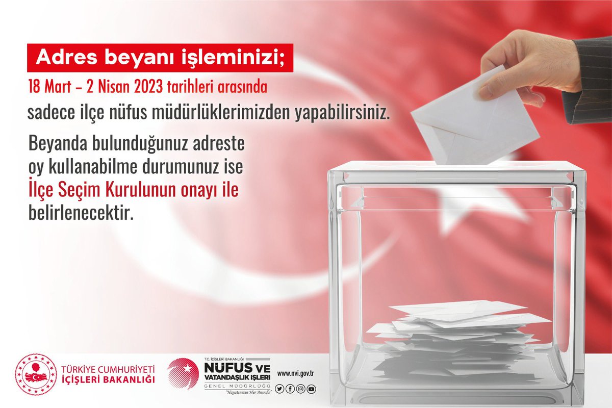 📢18 Mart-2 Nisan 2023 tarihleri arasında adres beyanı işlemleri yalnızca ilçe nüfus müdürlüklerinden yapılabilecektir 👇#HayatınızınHerAnında <a href="/TCNufus/">Nüfus ve Vatandaşlık İşleri Genel Müdürlüğü</a> <a href="/sefikaygol/">Şefik AYGÖL</a> <a href="/AntalyaValilik/">T.C. Antalya Valiliği</a> <a href="/ersinyazici1/">Ersin YAZICI</a> <a href="/AntalyaNufus/">Antalya İl Nüfus ve Vatandaşlık Müdürlüğü</a> <a href="/AyeSerapGney1/">Ayşe Serap Güney</a> <a href="/aksekikaymakam/">Akseki Kaymakamlığı</a> <a href="/Volkanhulur/">Volkan Hülür</a> <a href="/BeyAzTamAY/">Ayse Ceylan</a>