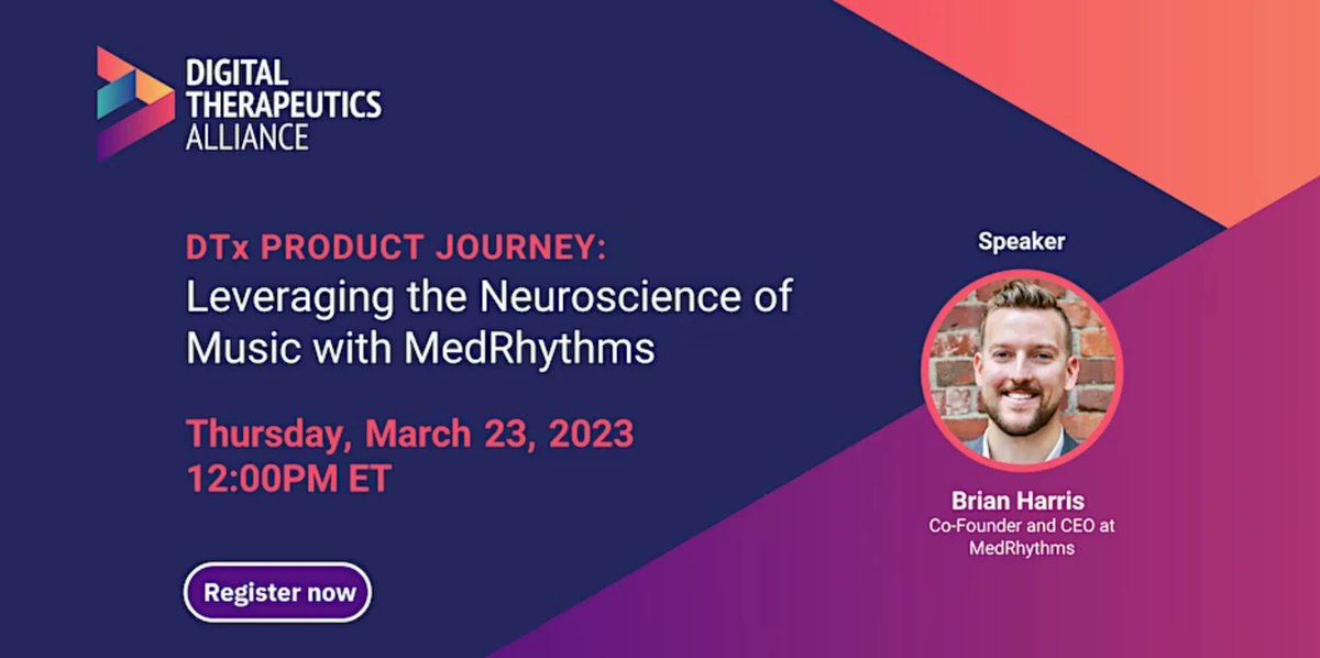 On 3/23 at 12pm EST, MedRhythms’ CEO &amp; Co-Founder, @brianharris207, will be featured on the @dtx_alliance webinar “DTx Product Journey: Leveraging the Neuroscience of Music with MedRhythms.” 
For more information and to purchase tickets, visit buff.ly/3JzKxlU 
#DTx #DTA