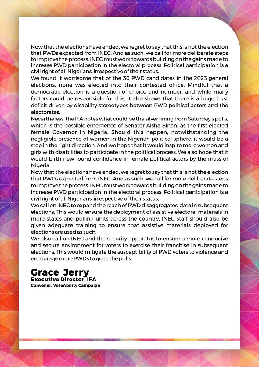Inclusive Friends Association (@inclusivefrnds) on Twitter photo PRESS RELEASE
IFA's overall perspective on the 2023 general elections.
#NigeriaDecide2023
<a href="/IFESNigeria/">IFES Nigeria</a>
<a href="/NDI/">National Democratic Institute</a>
<a href="/NEDemocracy/">NEDemocracy</a> PRESS RELEASE
IFA's overall perspective on the 2023 general elections.
#NigeriaDecide2023
<a href="/IFESNigeria/">IFES Nigeria</a>
<a href="/NDI/">National Democratic Institute</a>
<a href="/NEDemocracy/">NEDemocracy</a>