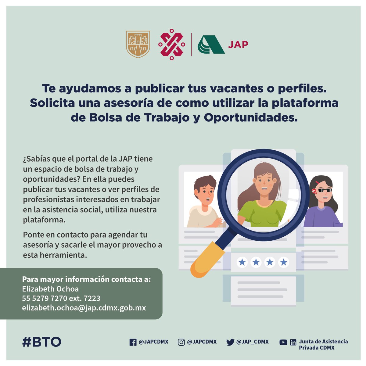 JAP_CDMX's tweet photo. LA JAP cuenta con el servicio de Bolsa de Trabajo y Oportunidades en donde puedes compartir tus vacantes, te invitamos a consultarla. Para mayor información contactar a Elizabeth Ochoa a elizabeth.ochoa@jap.cdmx.gob.mx https://t.co/3XFnZkPsy4