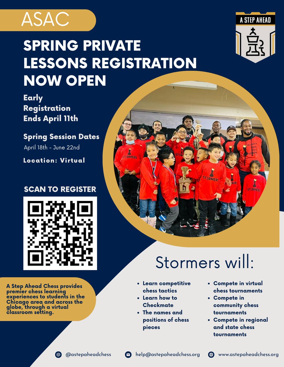 AStepAheadChess's tweet image. Hey ASAC Family!

Registration is currently open for our winter chess sessions. Classes begin on April 18th, 2023, and end on June 22nd, 2023.Early registration ends on April 11th. 

🔗:astepaheadchess.org/registration
#ASTEPAHEADCHESS #CHESS #CHECKMATE