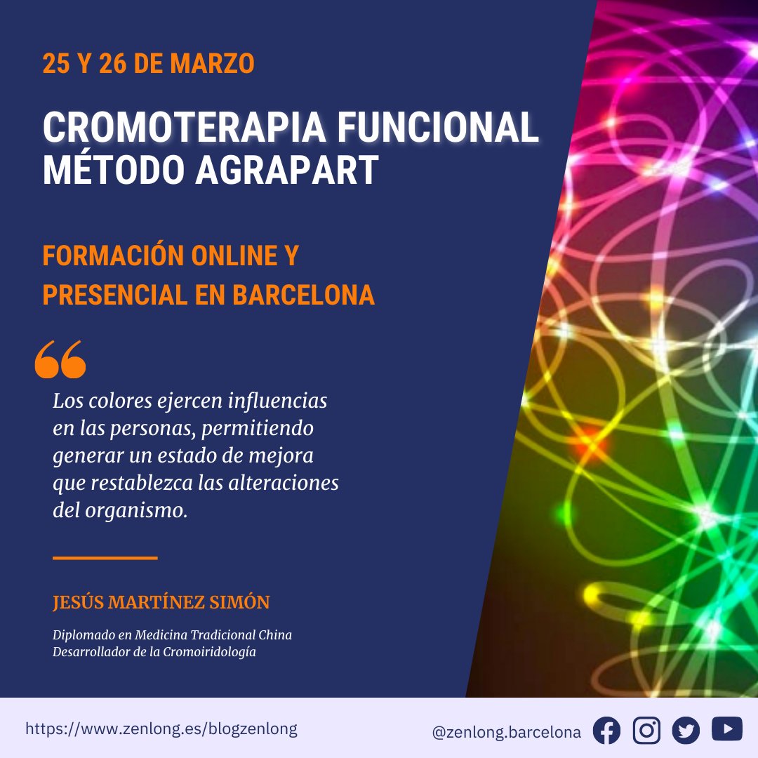 ZenLongBB's tweet photo. Cromoterapia funcional Método Agrapart por Jesús Martínez Simón

Inscripciones aquí: https://t.co/zlvWAcxt8a

#formacionzenlong 
#cromoterapia 
#cromopuntura https://t.co/zeBfGsZnow