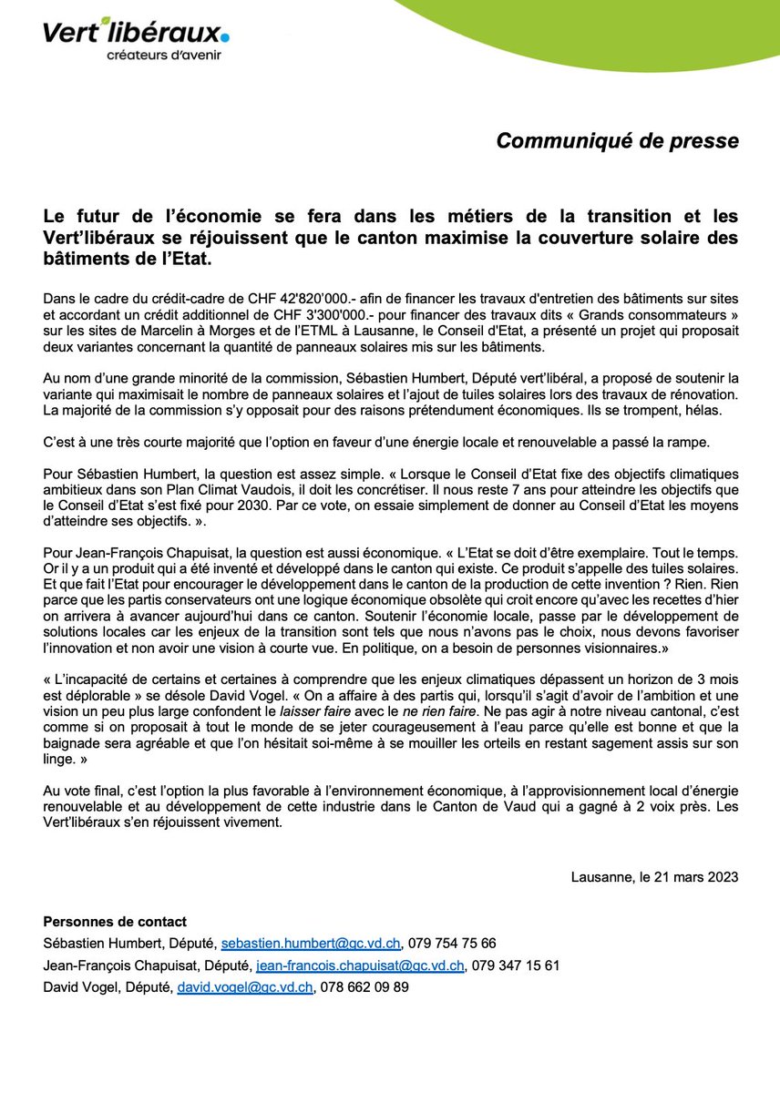 Les Vert'libéraux se réjouissent du vote du Grand Conseil qui, à deux voix près, maximise la couverture solaire des bâtiments de l'Etat.