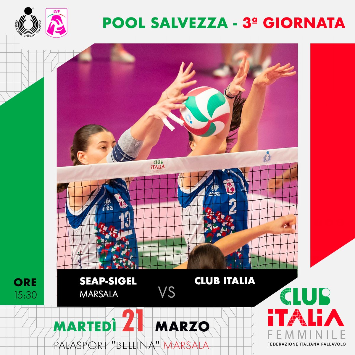 ClubItaliaFemm's tweet photo. ππ πππππ πππ!!! ππͺ
3Βͺ giornata #PoolSalvezza #Campionato #SerieA2F
β° Ore 15.30
π Palasport "Bellina" - Marsala
Marsala Volley π Club Italia
π² πΉ Diretta sul sito https://t.co/trbhmXHPV3 oppure sul canale YouTube di Volleyball World Italia
@Federvolley https://t.co/MsKjnDLxLk