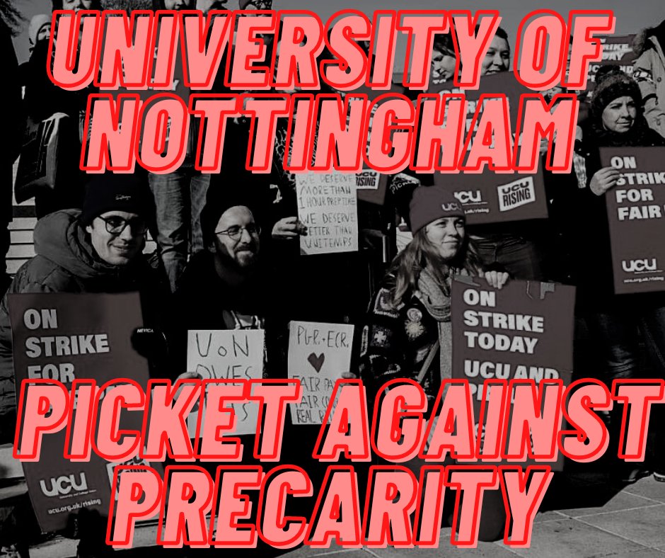 For the final day of this round of strike action, we'll be standing with <a href="/UoNUCU/">University of Nottingham UCU branch</a> for our picket against precarity! Join us at University Park South Entrance from 8:30am tomorrow!

We'll also be leading a teach-out on our fight against casualisation from 10am #ucuRISING