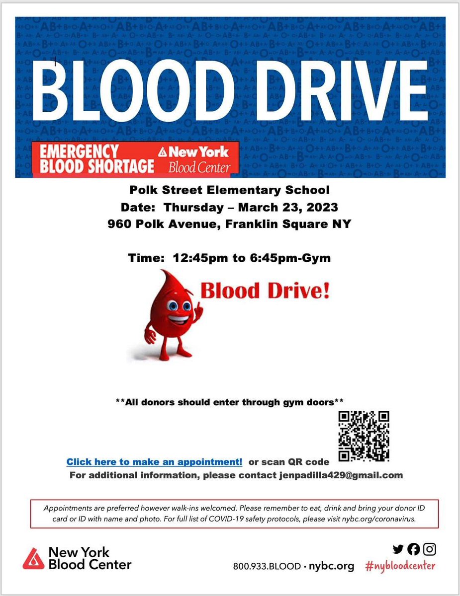 📢Reminder!!📢

Hosted by our 5th graders: Polk Street Blood 🩸 Drive this week on Thursday March 23rd 12:45pm to 6:45pm-Gym

Make your appointment today! 
 donate.nybc.org/donor/schedule…

*appointments are preferred but walk-ins are welcome*

Thanks for donating!