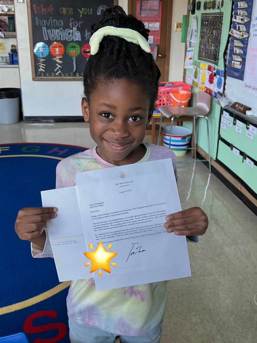 Our star student is an environmental activist! Her show and tell was a reply letter she received from <a href="/JoeBiden/">Joe Biden</a> about protecting endangered species! #hatchtigers #op97