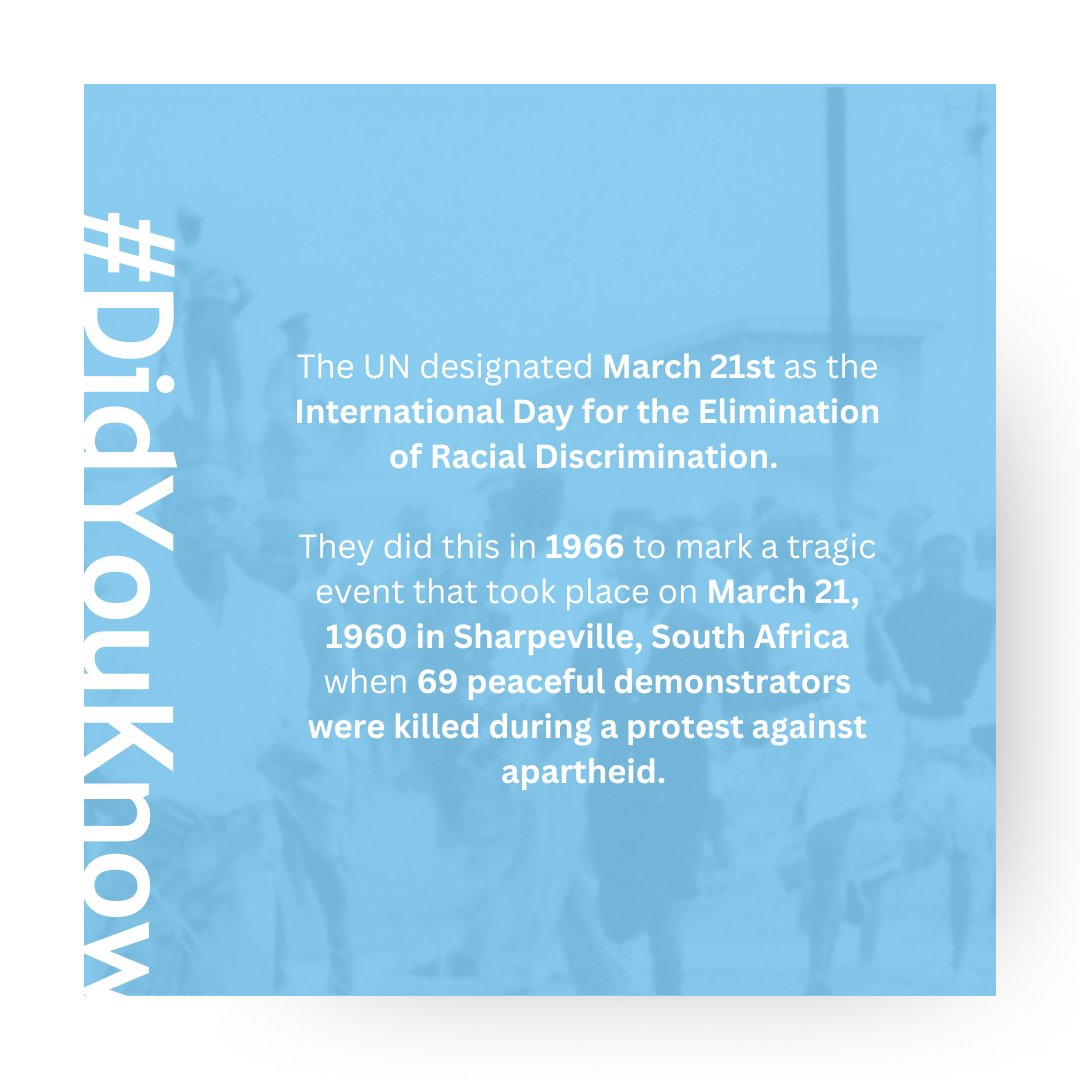 MC_o_S's tweet image. The UN declared March 21st as the International Day for the Elimination of Racial Discrimination ✋🏿✋🏾✋🏽✋🏼✋🏻In 1966 in memory of 69 people killed during a peaceful protest against apartheid in the 1960 Sharpeville Massacre in South Africa.

#RecognizeItRejectIt #March21